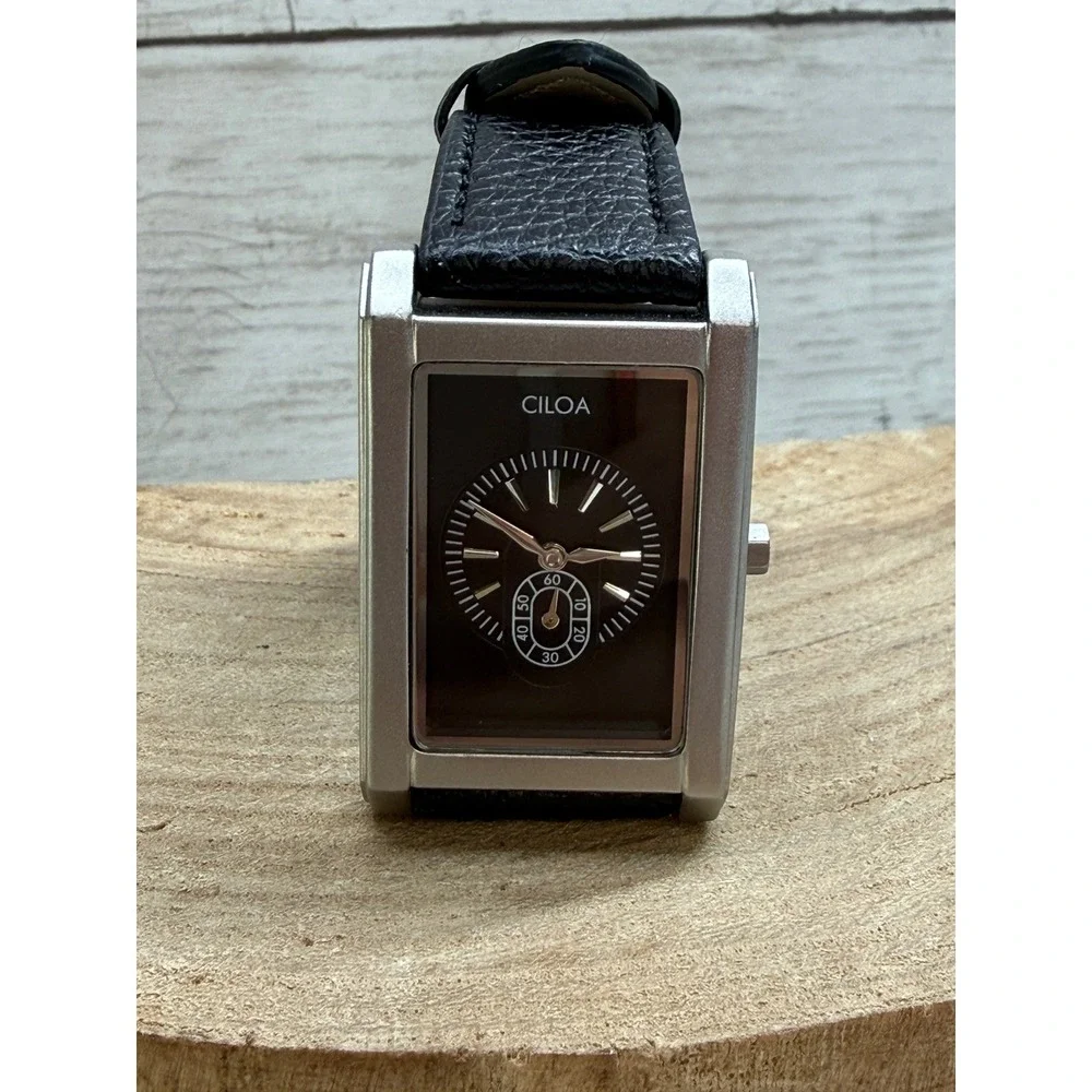 Ciloa EP510 Tank Watch Black Dial Silver Case Leather Strap Mens Womens Working
